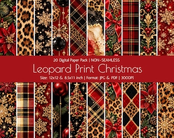 Leopard Print Christmas Digital Paper Pack: Red Black Gold, 20 Backgrounds, 12x12 & 8.5x11 Formats