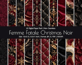 Femme Fatale Christmas Digital Paper Pack, Burgundy Gold Black Noir, 20 Designs (Digital Download)