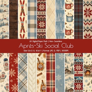 Peut inclure: Un pack de papier numérique intitulé Après-Ski Social Club comprenant 20 motifs non continus sur le thème de l'hiver, incluant des skis rouges, des carreaux bleus, des tricots rouges et blancs, des forêts enneigées et des tasses de chocolat.