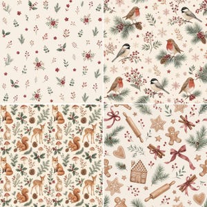 Winter woodland Christmas watercolor patterns with festive birds, foxes, deer, rabbits, holly and gingerbread cookies.