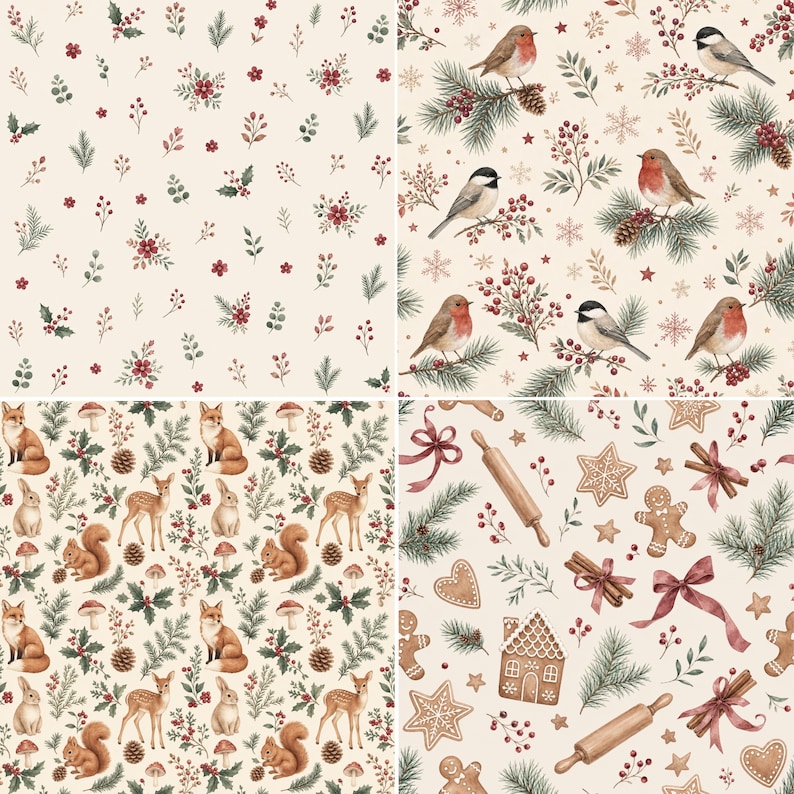 Winter woodland Christmas watercolor patterns with festive birds, foxes, deer, rabbits, holly and gingerbread cookies.