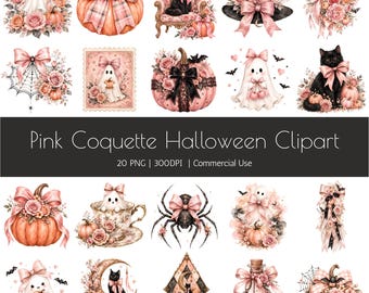 Pink Coquette Halloween Clipart PNG Bundle, 20 Watercolor Ghost Cat Pumpkin Graphics