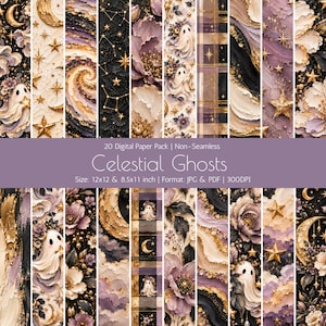 May include: A digital paper pack titled Celestial Ghosts featuring 20 designs with textured oil paint effects. Patterns include white ghosts, gold stars, crescent moons, purple and black floral motifs, and plaid prints in 12x12 and 8.5x11 inch sizes.