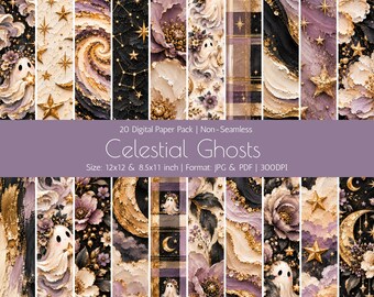 Celestial Ghost Digital Paper Pack: Astronomical Halloween Backgrounds - Ghosts, Moons, Stars Textured Paper
