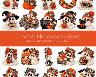 Ensemble de 20 images clipart de fantômes d'Halloween au crochet (effet crochet), format PNG