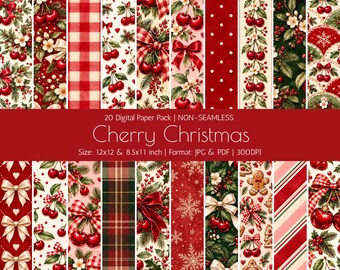 Cherry Christmas Digital Papers: Cherries, Gingham, Plaid, Bows, JPG & PDF (300DPI)