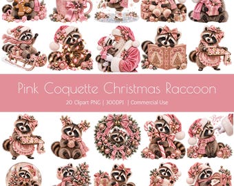 Pink Coquette Christmas Raccoon PNG Designs, 20 Winter PNG Clipart Bundle