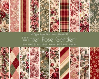 Winter Rose Garden Digital Paper Pack, Vintage Christmas Floral Patterns, 20 JPG PDF Papers