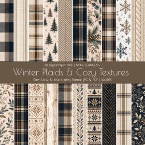 Winter Plaid Digital Paper Pack, Cozy Christmas Scrapbook Paper, Rustic Winter Patterns, Navy Beige Plaid, Printable JPG PDF
