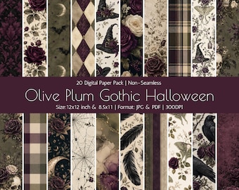 Gothic Halloween Digital Paper Pack, Olive Plum 12x12 & 8.5x11 JPG PDF Backgrounds