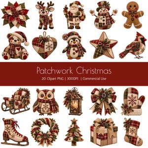 May include: A collection of twenty digital Christmas-themed clipart illustrations featuring patchwork fabric textures. The set includes a poinsettia, reindeer, Santa, snowman, gingerbread man, bear, heart, penguin, star, cardinal, sleigh, owl, lantern, bow, mitten, ice skate, wreath, tree, gift, and stocking.