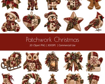 Cozy Patchwork Christmas Graphics: Tartan Plaid Clipart PNGs for Crafts – Santa, Snowman, Reindeer Designs