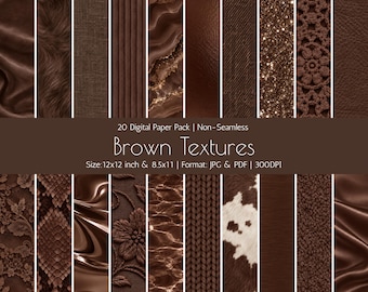 Chocolate Brown Textures: Fabric, Leather, Fur, Knit Digital Paper Pack (20 JPG, PDF, Non-Seamless)