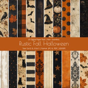 May include: A collection of 20 digital papers featuring Halloween and fall themes, including crows, bats, pumpkins, black cats, spiders, stars, and damask patterns in orange, black, and cream. Text reads: 20 Digital Paper Pack | Non-Seamless Rustic Fall Halloween Size:12x12 & 8.5x11 | Format: JPG & PDF | 300DPI.