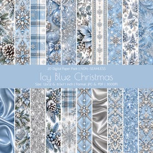Puede incluir: Un paquete de papel digital titulado Icy Blue Christmas con 20 patrones no continuos en tamaños de 12x12 y 8.5x11 pulgadas. Los diseños incluyen motivos en azul claro y plata con copos de nieve, piñas, adornos y texturas de satén.