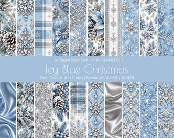 Icy Blue Christmas Digital Paper Pack, Winter Snowflake Scrapbook Backgrounds, 20 JPG PDF Designs