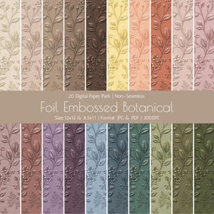 Puede incluir: Un paquete de papel digital con 20 hojas con patrones botánicos en relieve de aluminio en varios colores. El texto dice: 20 Digital Paper Pack | Non-Seamless, Foil Embossed Botanical, Size: 12x12 & 8.5x11 | Format: JPG & PDF | 300DPI.