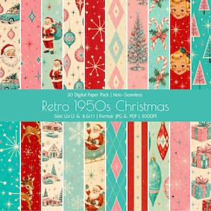 May include: A digital paper pack featuring 20 patterns with mid-century Christmas motifs including Santa Claus, reindeer, decorated trees, ornaments, candy canes, and gift boxes in red, pink, teal, and cream colors with text Retro 1950s Christmas.