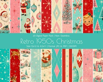 Paquete de papeles digitales navideños retro de los años 50, diseños navideños de mediados de siglo, 20 diseños JPG y PDF.
