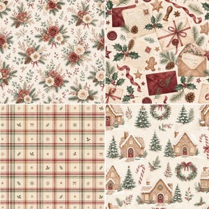 Vintage cottagecore Christmas watercolor patterns with festive florals, holiday letters, plaid and gingerbread winter scenes.