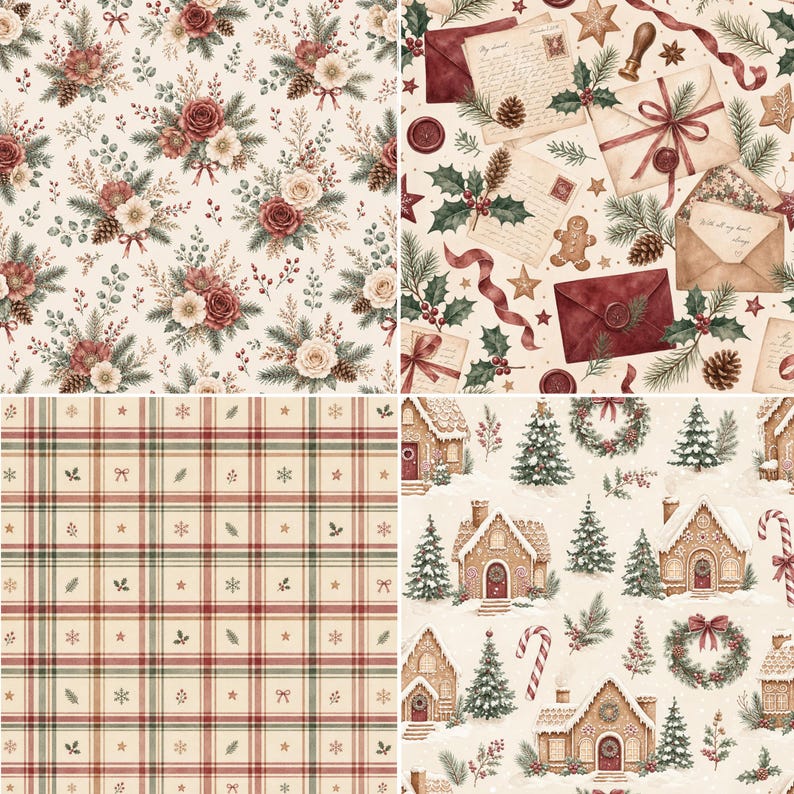 Vintage cottagecore Christmas watercolor patterns with festive florals, holiday letters, plaid and gingerbread winter scenes.