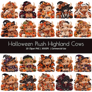 Paquete de imágenes prediseñadas de vacas de las Tierras Altas para Halloween, 20 imágenes PNG de vacas de peluche, descarga digital de 300 DPI