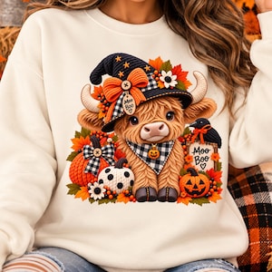 Halloween Highland Cow PNG File, Plush Cow Sublimation Design, Fall Pumpkin Clipart