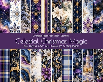 Celestial Christmas Digital Paper Pack, Navy Purple Gold Winter Backgrounds, 20 JPG PDF Designs