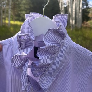 May include: A light purple and white pinstriped shirt featuring a high, ruffled collar. The garment is displayed on a white hanger, showcasing the vertical striped pattern and the structured, pleated fabric detail around the neckline area.