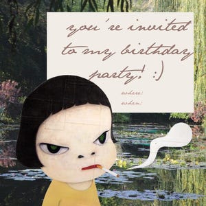 Puede incluir: Una tarjeta de invitación de cumpleaños con el texto "you're invited to my birthday party! :)". La imagen presenta un personaje de dibujos animados con cabello negro fumando un cigarrillo, sobre un estanque. Espacio para "dónde" y "cuándo".