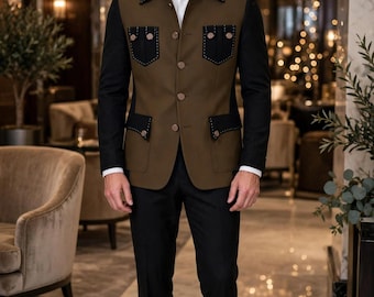 Men's Designer Suit - Olive Brown & Black Party Wear Coat with 4 Pockets | White Stitch Detail | Luxury Menswear | Formal Event Blazer.
