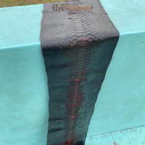 Puede incluir: Una pieza larga y rectangular de piel de serpiente negra que presenta una capa inferior roja vibrante y distintiva visible entre las escamas. La parte superior de la piel est&aacute; estampada con el texto ExoTraditionalTannery en una fuente oscura y estilizada.