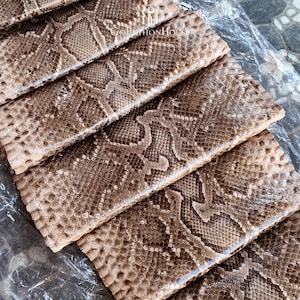 May include: Multiple rectangular sheets of natural brown and tan snakeskin leather arranged in an overlapping pattern. The textured scales feature a distinct diamond-shaped motif. The text GoPythonHouse is printed in white near the top center.