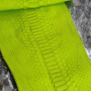 May include: A vibrant neon lime green python skin hide featuring a distinct central row of large, rectangular scales flanked by smaller, textured scales. The material is branded with the text GoPythonHouse and a logo at the top center.