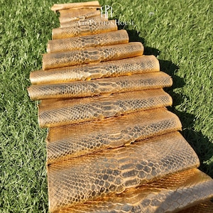 May include: A series of metallic gold python skin leather strips arranged in a cascading, overlapping vertical line. Each piece features a distinct, natural scale pattern with a reflective, shimmering finish. The text Python House is visible.
