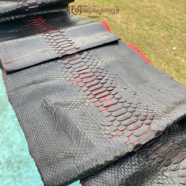 Puede incluir: Una piel de serpiente de cuero negro con una franja central prominente de escamas rojas. La superficie muestra un patr&oacute;n de escamas texturizadas y superpuestas. El texto ExoTraditionalTannery es visible en la parte superior.