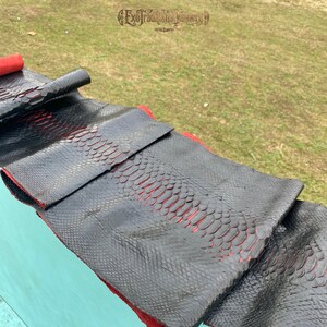 Puede incluir: Una tira larga y flexible de piel de serpiente negra con un patr&oacute;n de escamas distintivo y una parte inferior de color rojo vibrante. El material est&aacute; doblado en secciones, revelando el color rojo contrastante entre las capas. El texto ExoTraditionalTannery es visible en la parte superior.