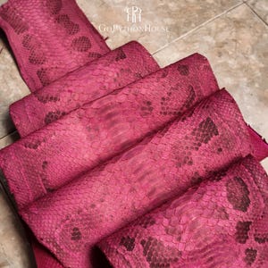 May include: A vibrant magenta python skin hide featuring a distinct natural scale pattern with darker, brownish-black markings. The leather is folded in multiple layers, displaying the textured surface and the GoPythonHouse logo at the top.