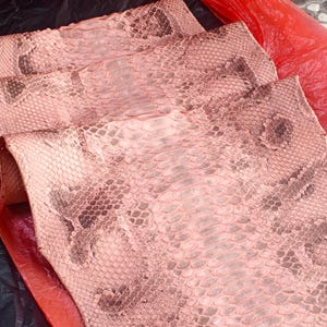 May include: A piece of light pink snakeskin leather with a natural scale pattern and dark brown markings. The material features a repeating diamond-like texture across the surface. The text GoPythonHouse is printed at the top center of the image.
