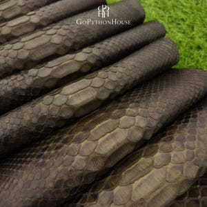 May include: A stack of dark brown python skin leather sheets with a distinct natural scale pattern. The top sheet features the logo and text GoPythonHouse. The textured surface displays overlapping scales in varying shades of brown and charcoal.