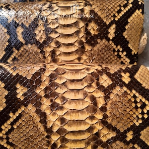 May include: A textured material featuring a repeating pattern of overlapping scales in shades of tan, brown, and black. The surface displays a natural, organic scale arrangement with a glossy finish. The text PYTHONHOUSE is visible at the top.