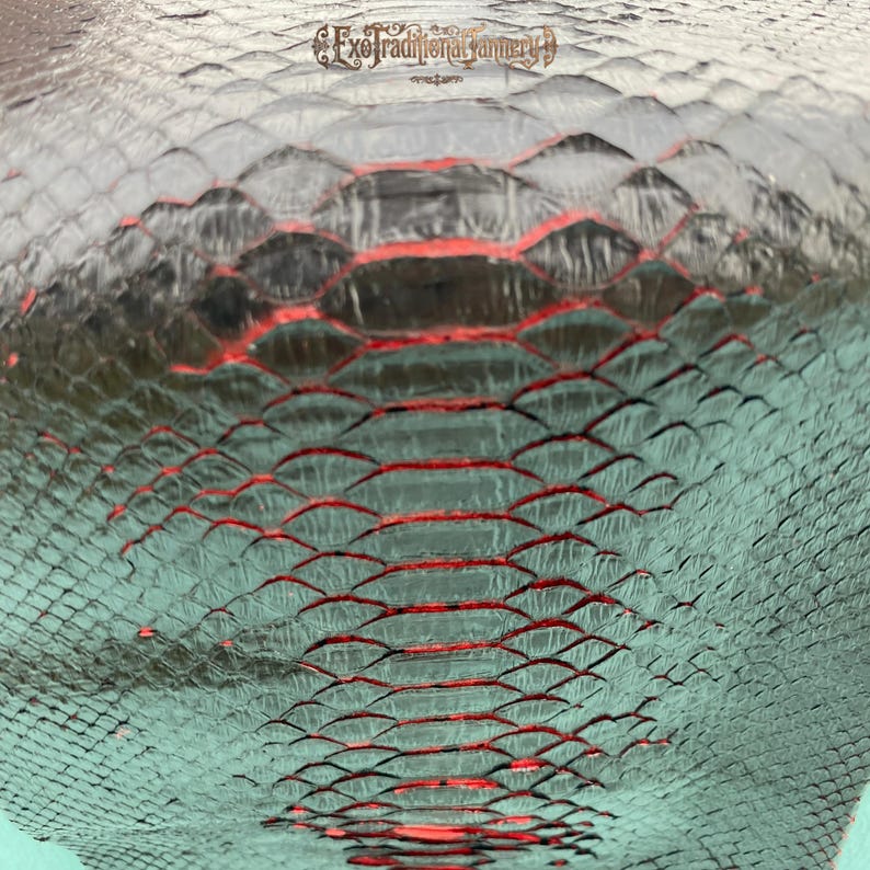 Puede incluir: Un material texturizado con un patr&oacute;n de escamas repetitivo en tonos verde azulado y negro, con una franja central prominente de acentos rojos vibrantes entre las escamas. El texto ExoTraditionalTannery est&aacute; impreso en la parte superior central.