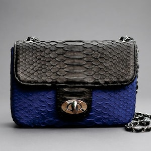 Genuine Python Leather Crossbody Bag, Two-Tone Blue Gray, Chain Strap