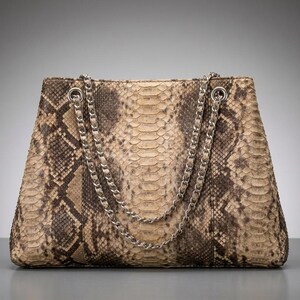 May include: A structured handbag featuring a tan and dark brown snakeskin pattern. The bag has a trapezoidal shape and includes two silver-toned metal chain straps that attach to the top through circular silver grommets on the front panel.