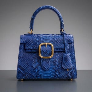 Blue Python Leather Mini Top Handle Bag For Women - Handmade Belted Flap Christmas