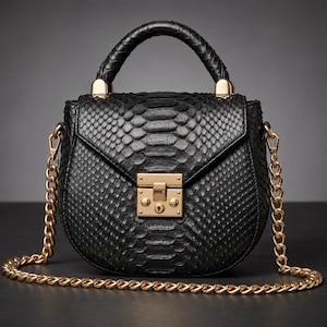 Black Python Embossed Top Handle Bag For Women - Gold Chain Strap Y2K Christmas