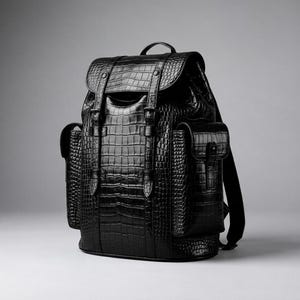 May include: A black backpack featuring a textured crocodile skin pattern. The bag includes a top flap with two vertical buckled straps, a main compartment, and two side pockets with flap closures. It has a top handle and adjustable shoulder straps.