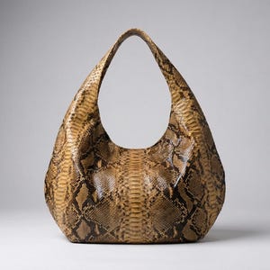 Könnte beinhalten: Eine Handtasche im Hobo-Stil mit einem strukturierten Schlangenledermuster in Braun-, Beige- und Schwarztönen. Die Tasche verfügt über einen einzelnen integrierten Schulterriemen, der eine durchgehende bogenförmige Silhouette bildet.
