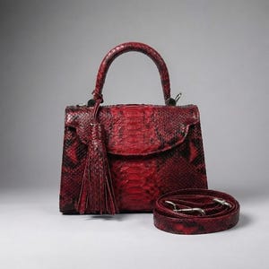 Red Python Leather Handbag, Genuine Snakeskin Satchel, Detachable Crossbody Strap, Tassel Detail