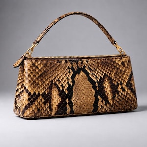 Genuine Python Baguette Bag With Gold Hardware, Brown Snakeskin Top Handle Shoulder Purse